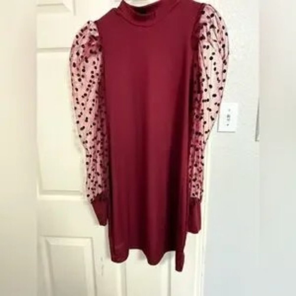 SHEIN Red Mini Dress with Sheer Polka Dot Sleeves